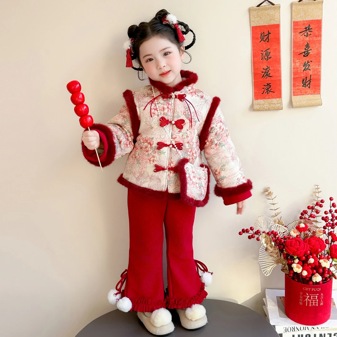 女童拜年服套装冬季2025新洋气宝宝国风新中式唐装儿童加厚两件套