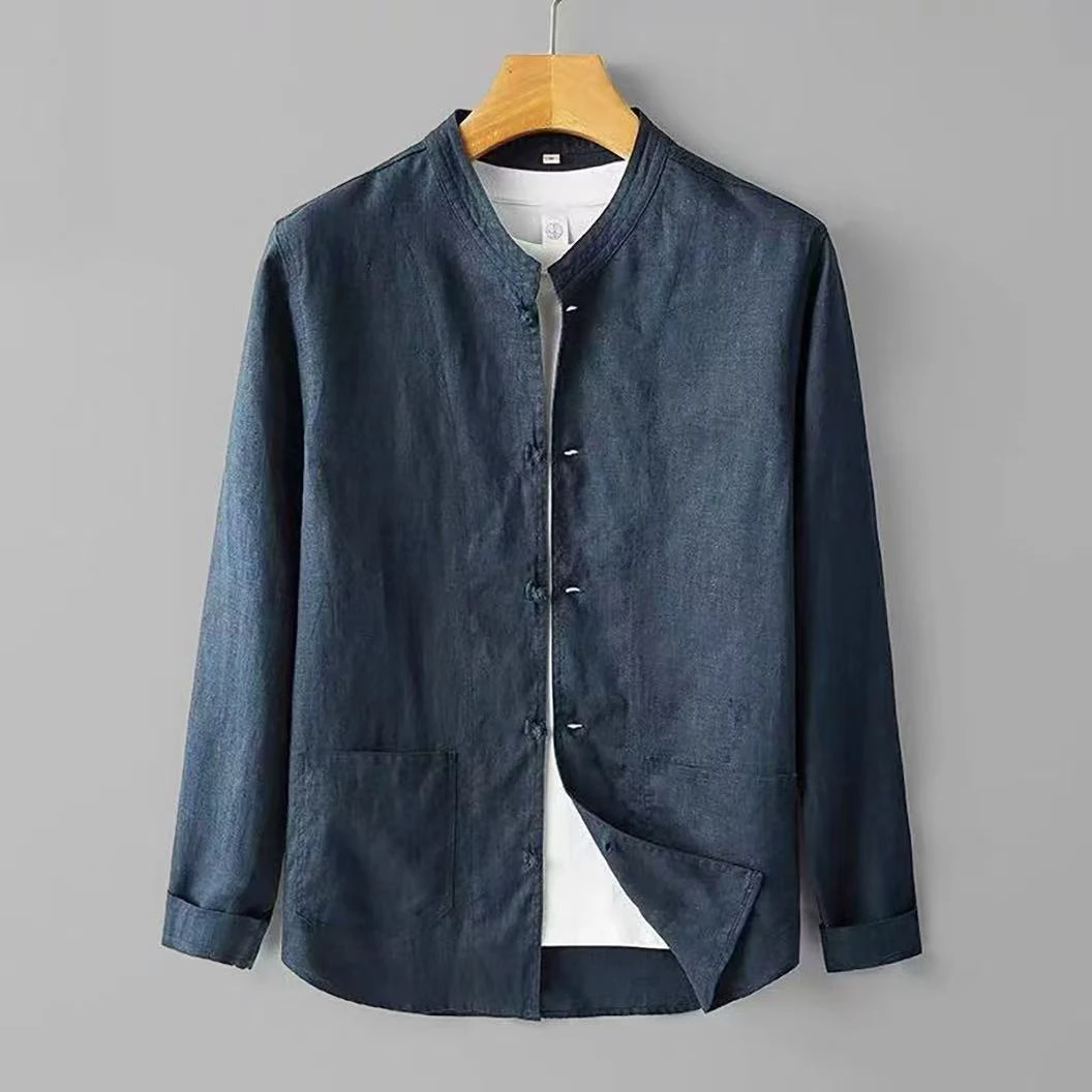 春夏天纯亚麻高端色织布男士长袖衬衫麻布男装轻奢100%全麻料衬衣