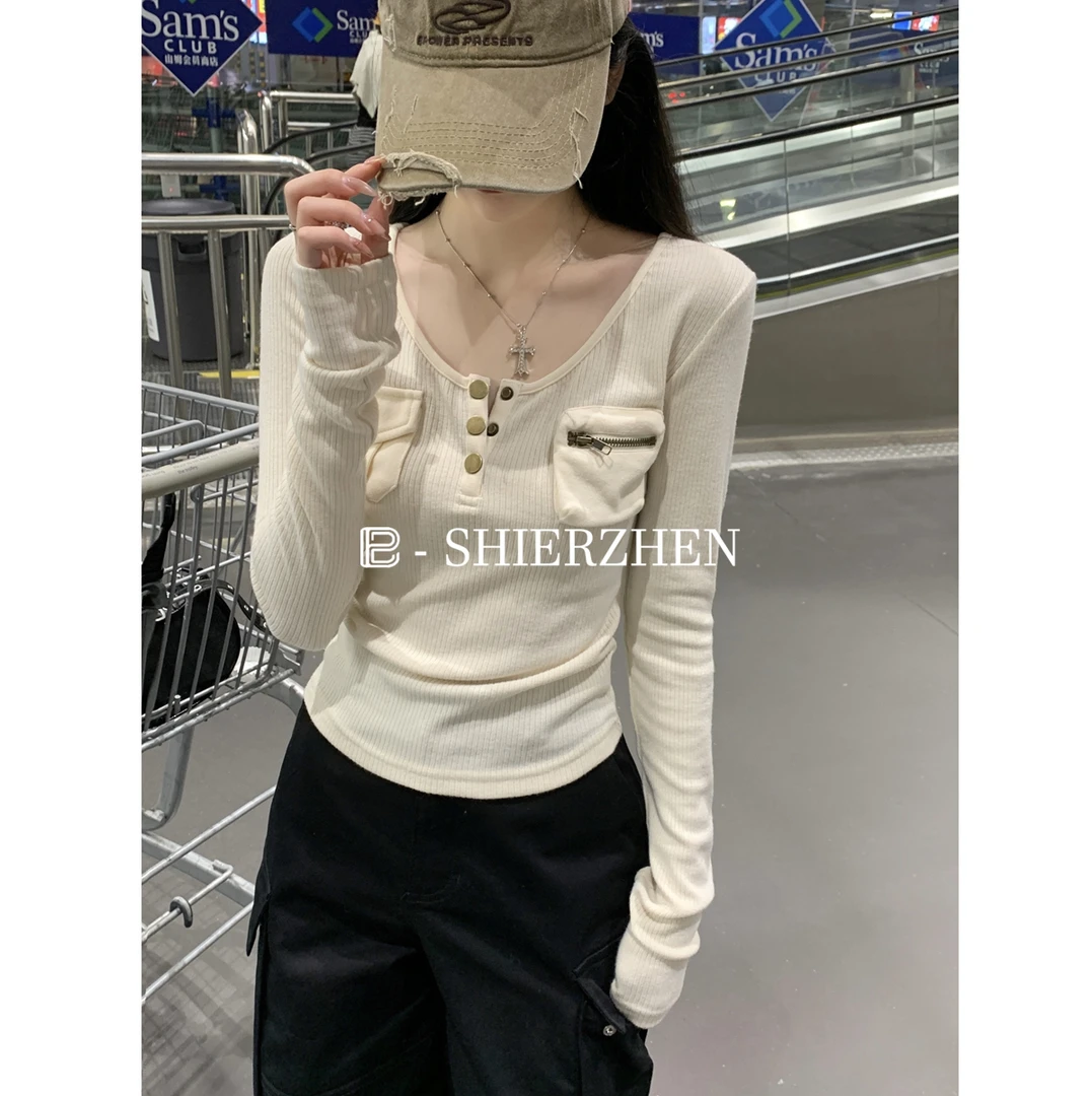 2025早春韩版v领金属扣拉链口袋设计修身羊绒打底衫T恤上衣
