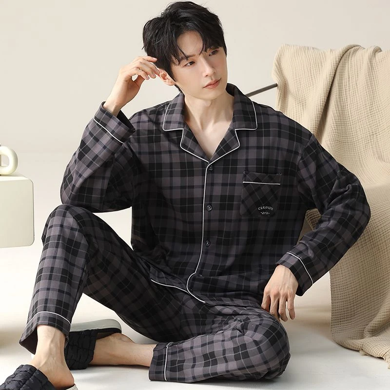 2025春秋季新款睡衣男士长袖长裤翻领宽松舒适大码可外穿家居服男