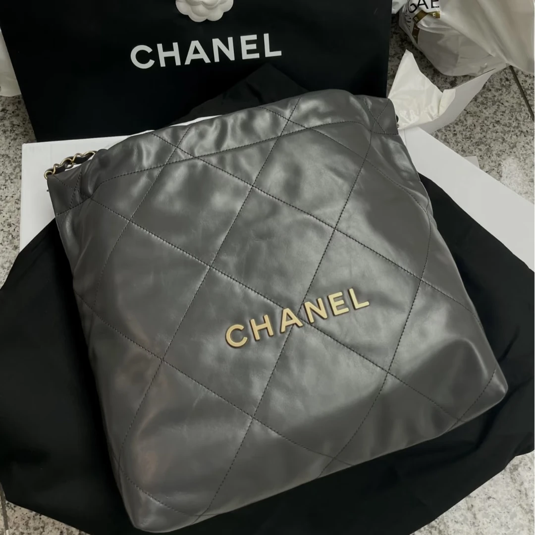 99新 Chanel/香奈儿 【杨贵妃专属】经典中号深灰色金扣22bag单肩包