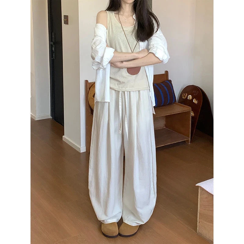 【水洗不缩水全包边】亚麻天丝阔腿弯刀裤女夏薄款老钱风慵懒休闲裤