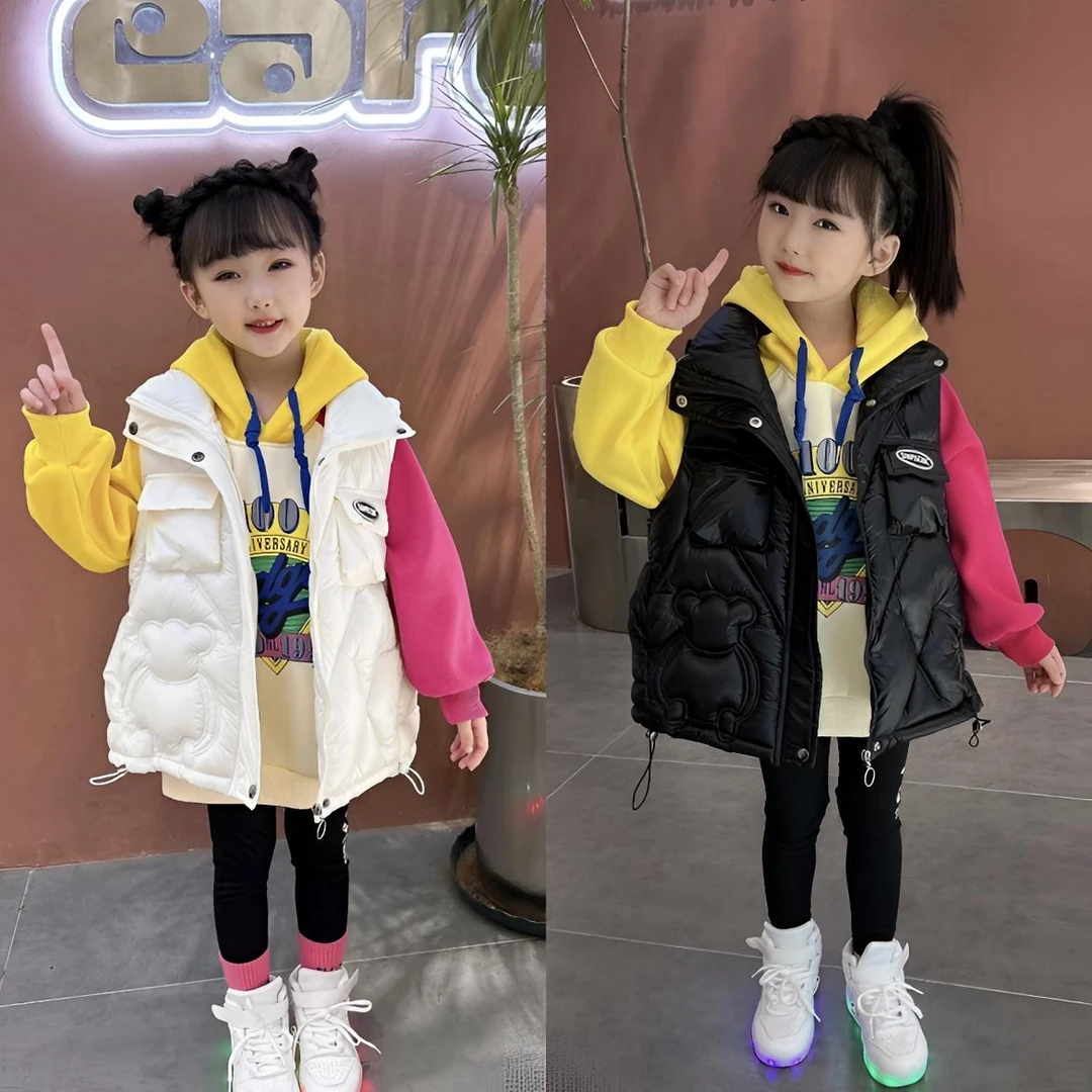 韩版女童棉马甲秋冬儿童亮面免洗外套中大童洋气加厚外穿小熊潮