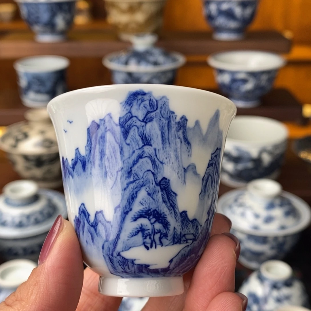 青花山水闻香杯杯