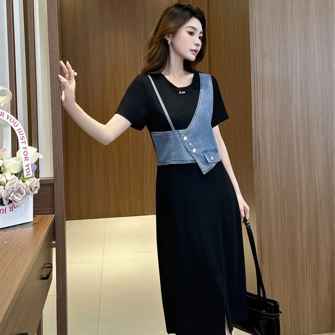 8813【衣长102】时尚爆款假两件连衣裙2025新款流行百搭高级感