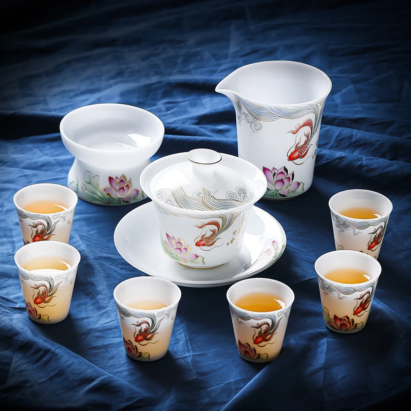 冰种玉瓷功夫茶具三才盖碗家用茶壶茶杯套装高档品茗杯高档礼盒装