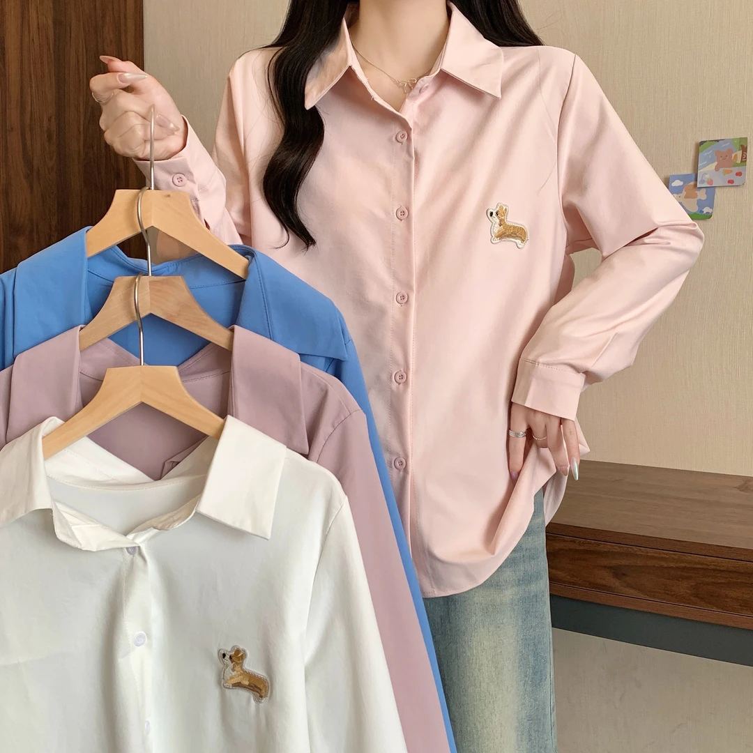 大码女装2025春夏新款设计感长袖时尚纯色小狗衬衫百搭显瘦上衣潮