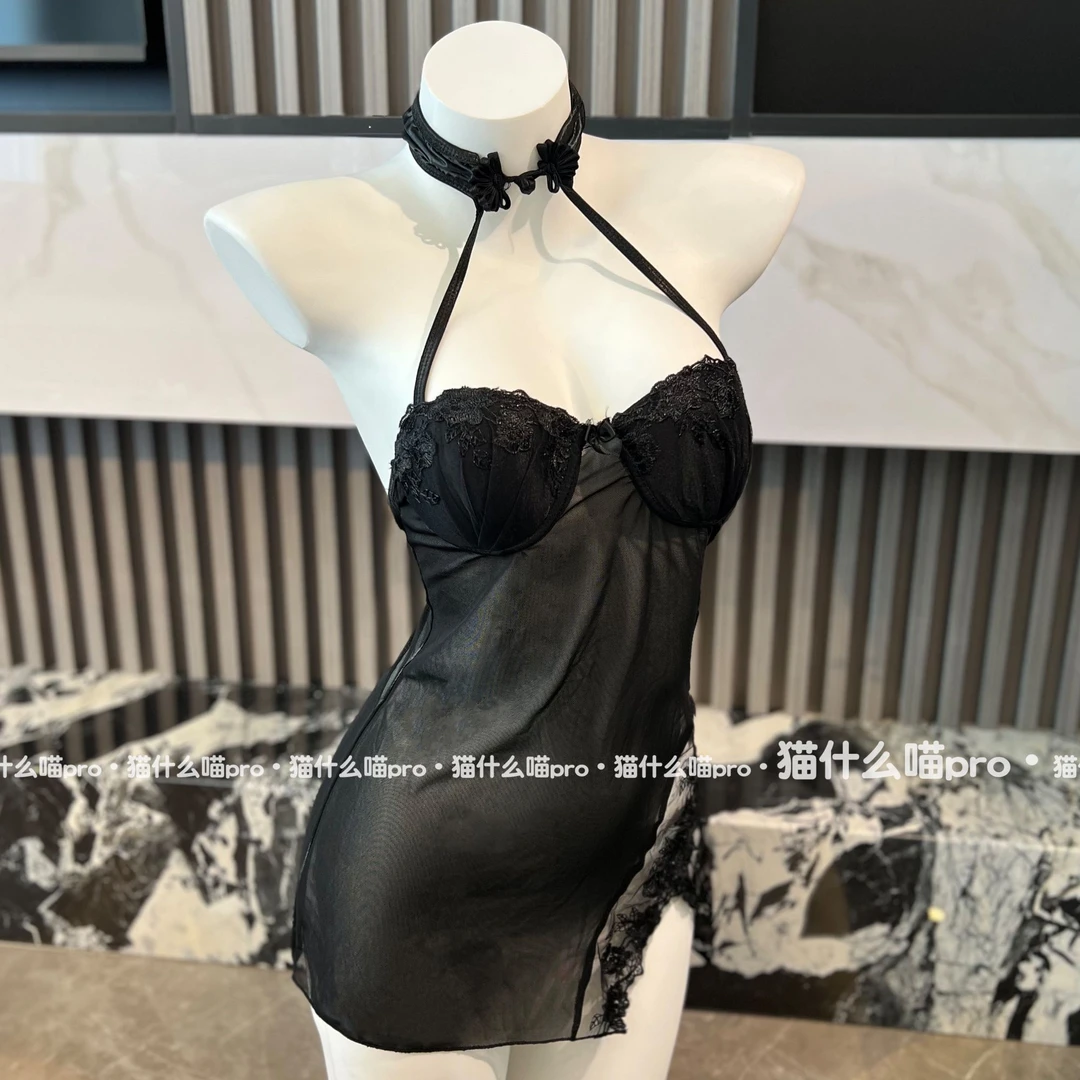 猫什么喵pro·新中式挂脖*带钢托薄垫*侧边高开叉新中式挂脖睡裙