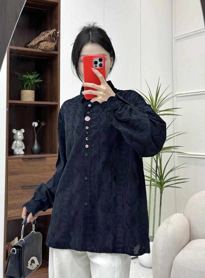 （HUAISHU）2025新款翻领向日葵刺绣百搭直筒显瘦纯色衬衫重工刺绣