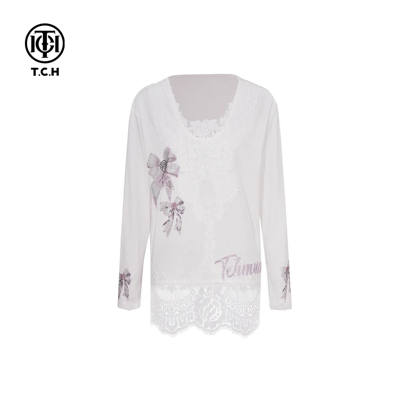 TCH私服烫钻工艺时尚休闲百搭蝴蝶结打底衫女T75A02E5049轻奢tch