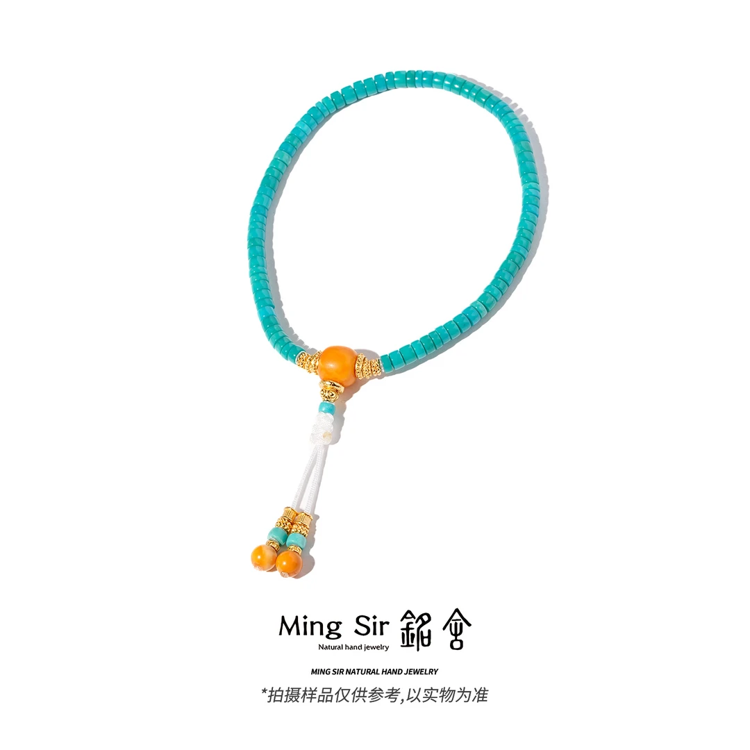 【铭舍】绿松石直切手持蜜蜡三通设计款（二等偏蓝）-12.18