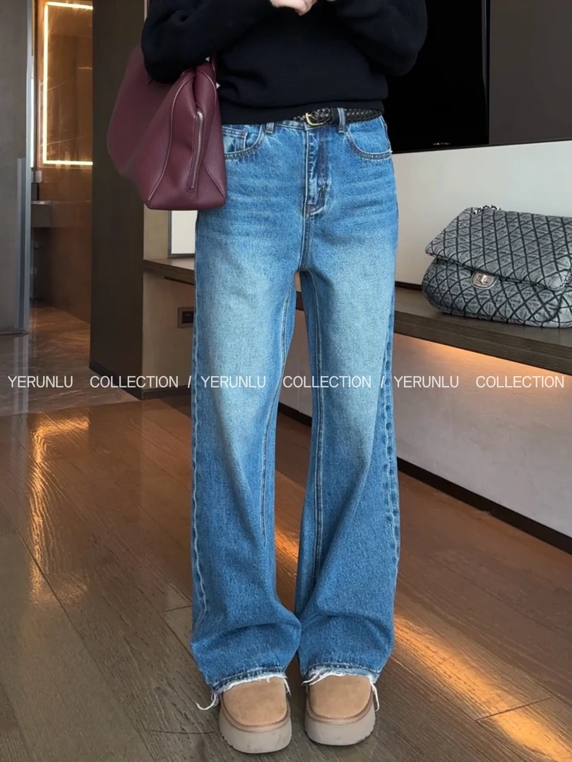 新款小众磨破做旧复古水洗直筒牛仔裤女宽松百搭阔腿拖地长裤