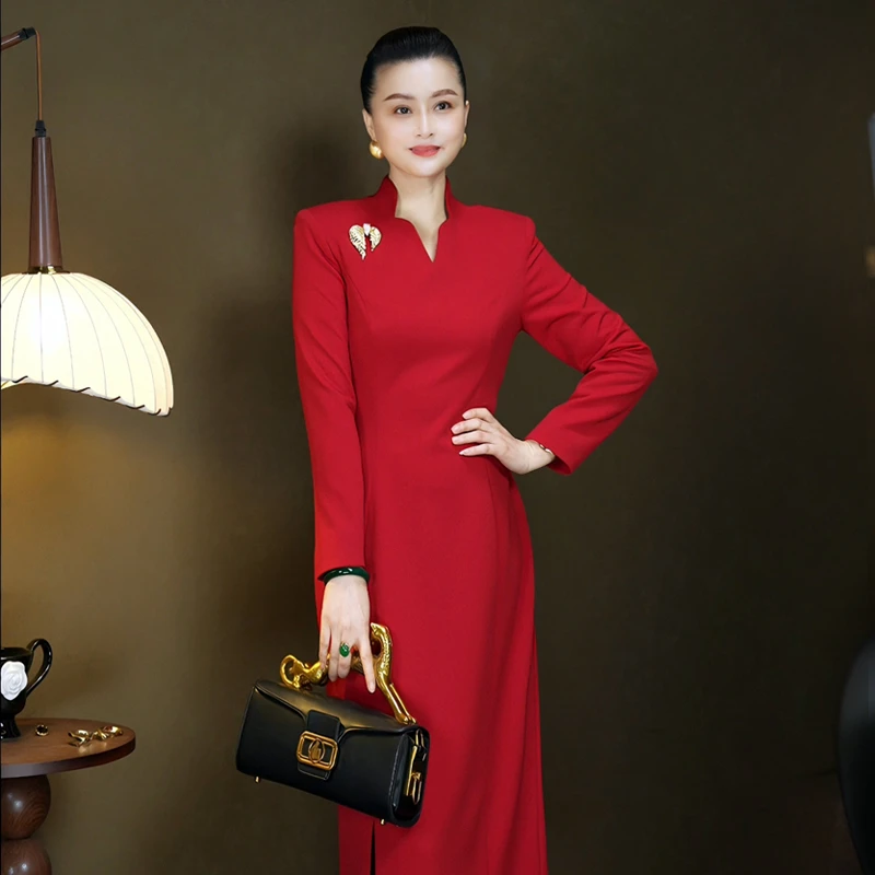 新款中式显瘦气质高档修身连衣裙-长袖