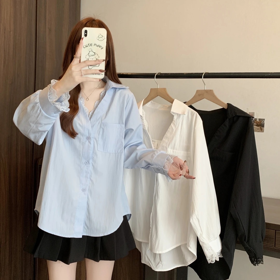【鱼白专属】2025春季新款时尚花边单排扣口袋长袖衬衫