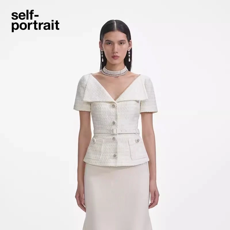 self-portrait 2025春夏新款白翻领气质小香风粗花呢短袖上衣