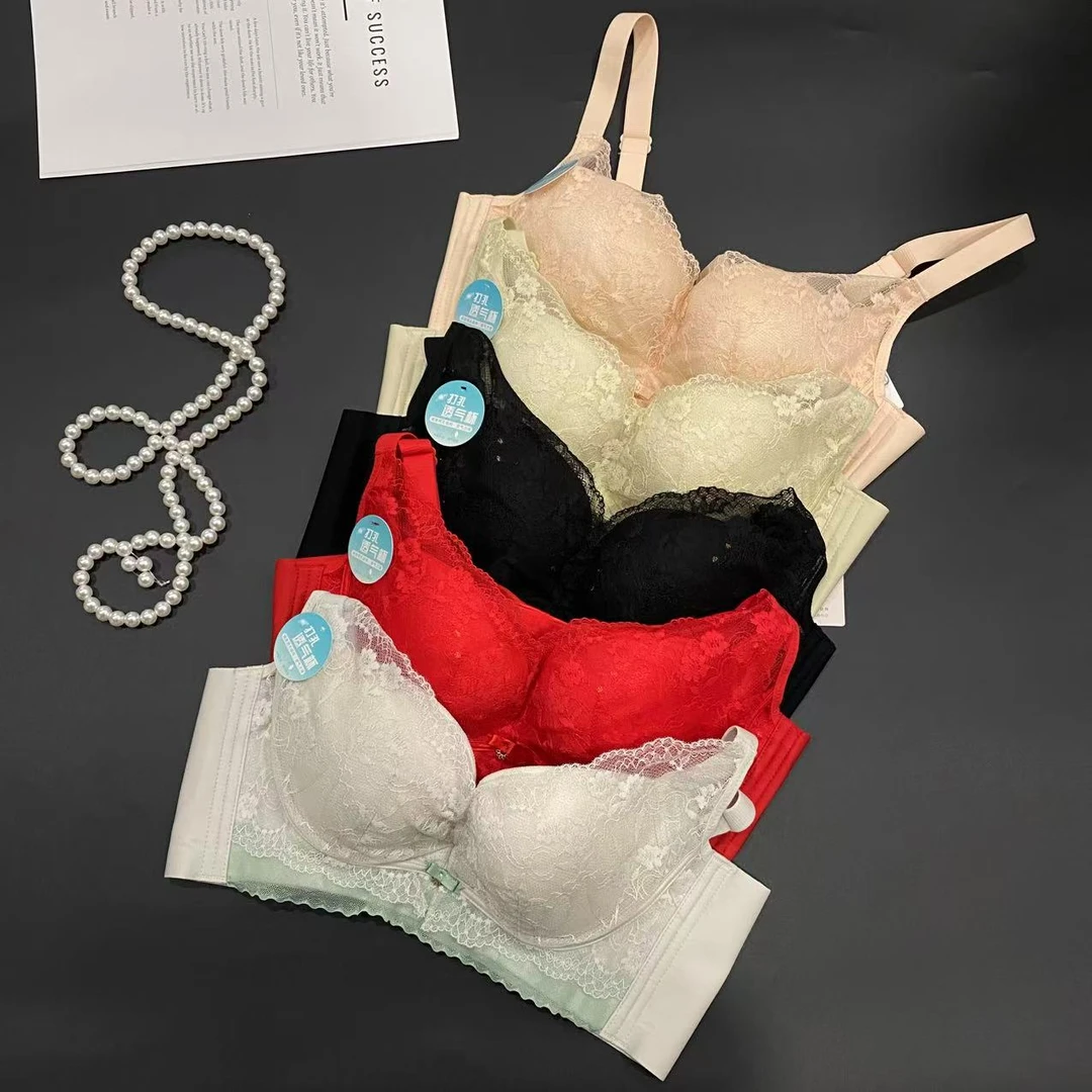 HE YAN【9456】聚拢防下垂无钢圈B杯性感蕾丝文胸透气无感调整