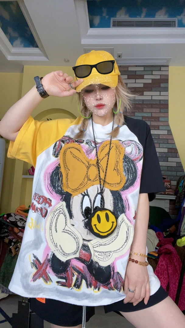 夏季薄款全棉贴布蝴蝶结米奇大图案个性休闲宽松短袖T恤1068