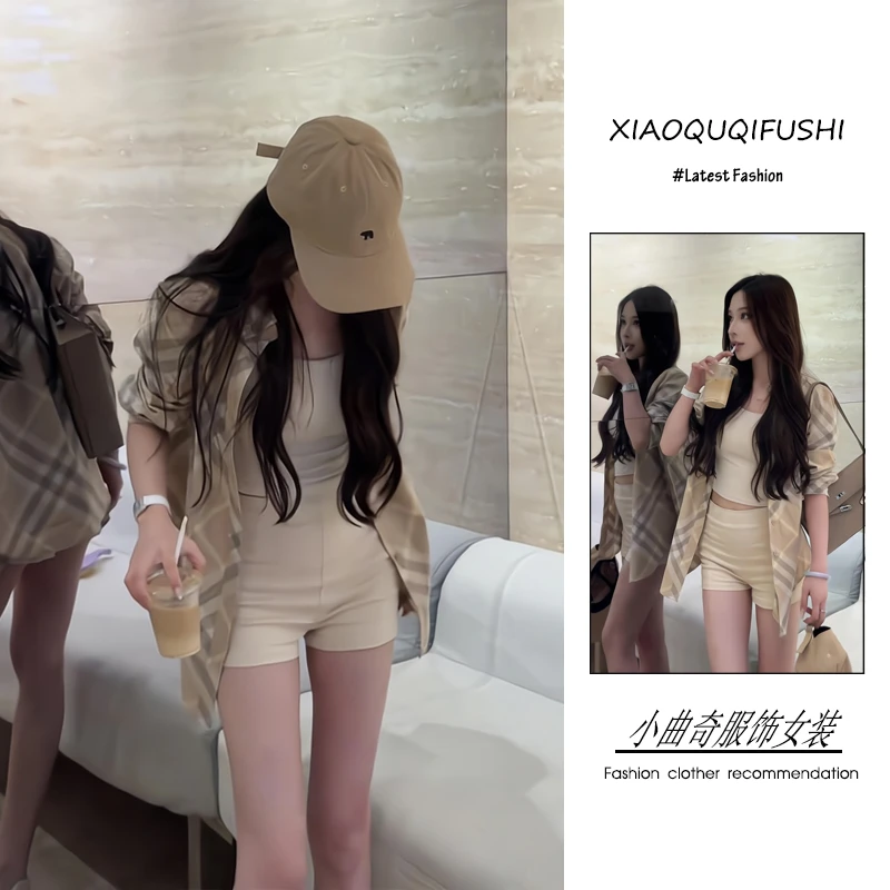 春季一整套女装2025新款韩系高级感洋气穿搭格纹衬衫吊带短裤套装