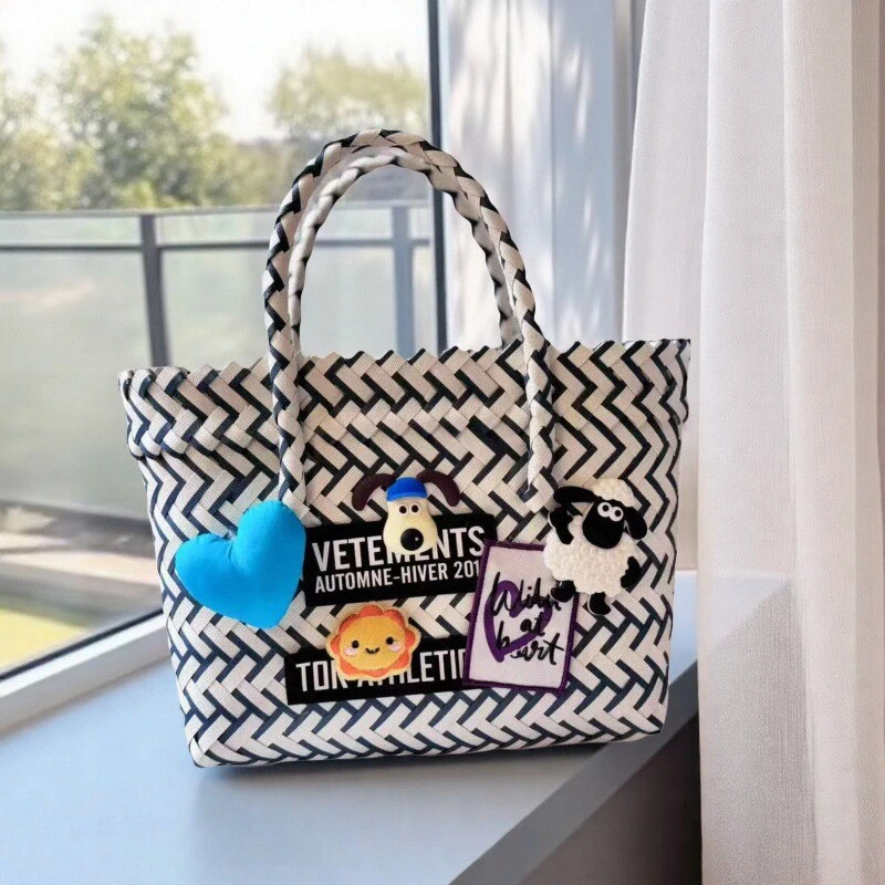 小狗包包女款可爱卡通大容量编织菜篮子简约手提包上班通勤托特包