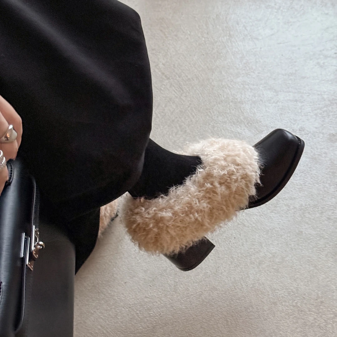 真皮法式方头粗跟毛毛鞋小皮鞋女2025秋冬新款复古加绒保暖高跟鞋