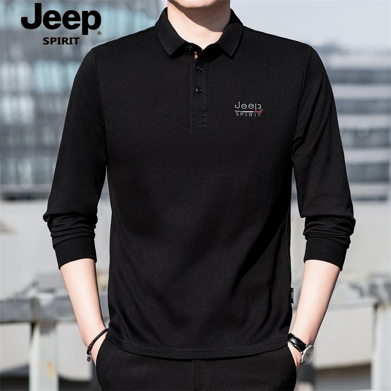 JEEPSPIRIT长袖T恤男新款宽松休闲翻领POLO衫大码男装打底衫上衣