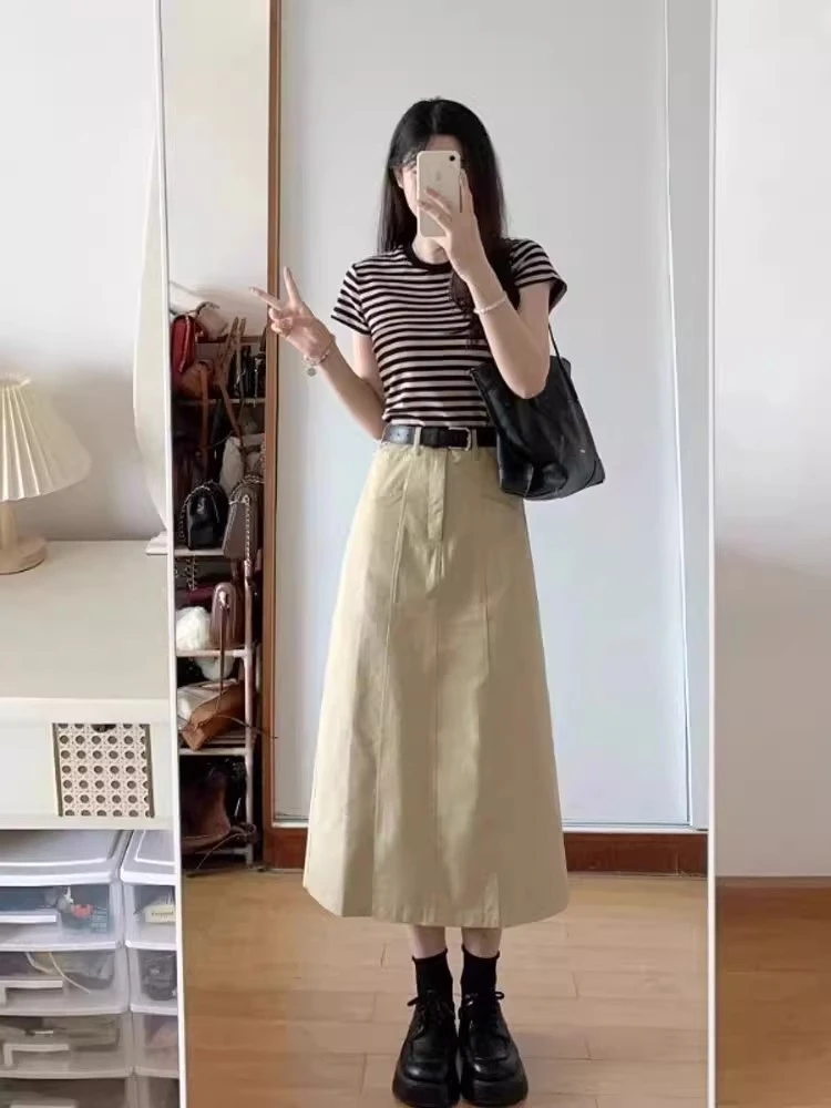 早秋韩系穿搭套装减龄条纹短袖T恤搭高腰显瘦半身裙时尚休闲套装