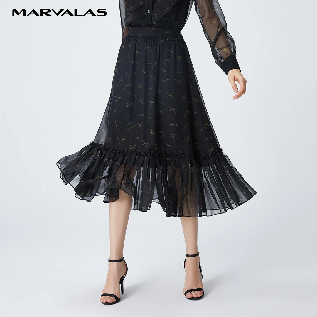 【小北专属】曼德诗长款a字半身裙女款黑花温柔拼接高腰网纱裙百搭