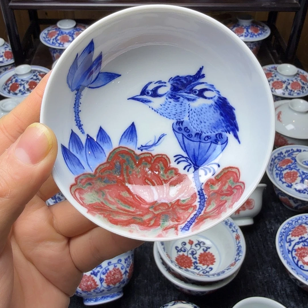 釉里红花鸟普洱杯