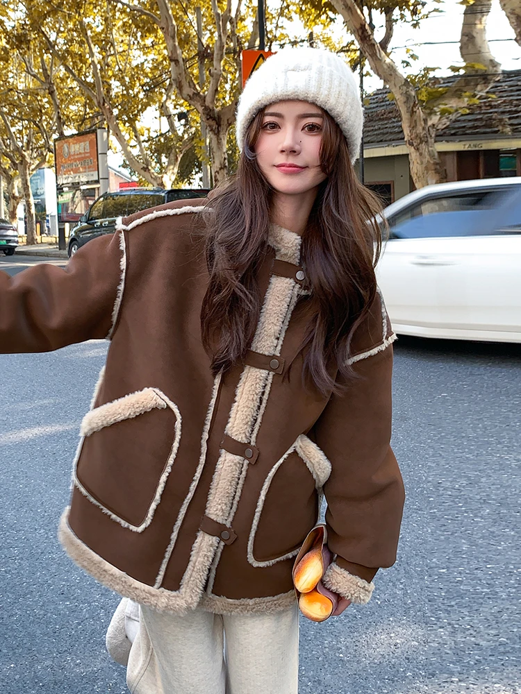 咖色连帽复古女冬季2025新款韩版休闲慵懒风宽松厚外套