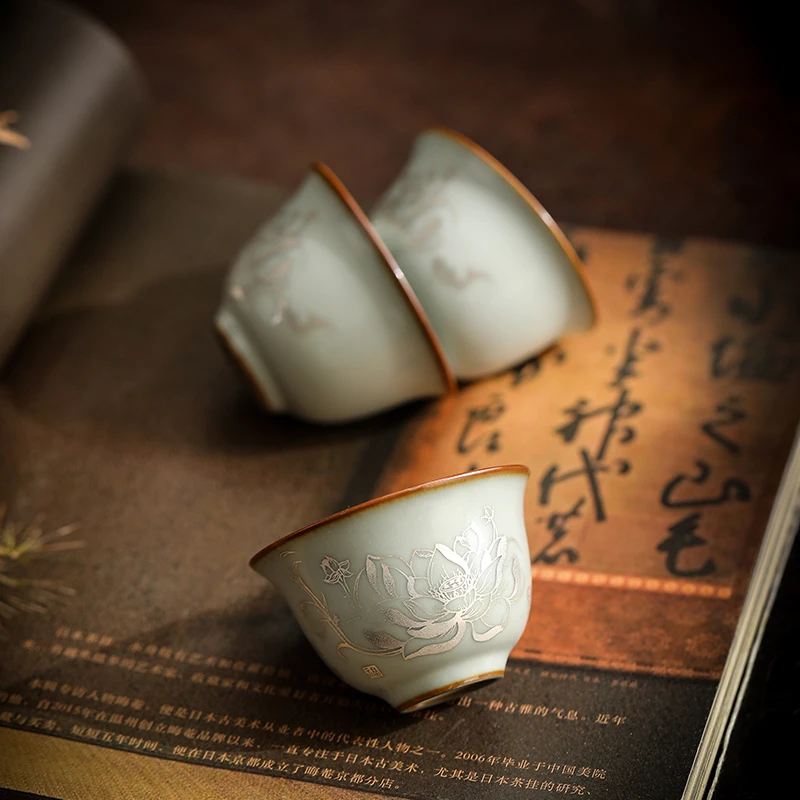 汝窑掐丝银荷韵品茗杯开片可养功夫茶具茶杯个人杯小号普洱单杯子
