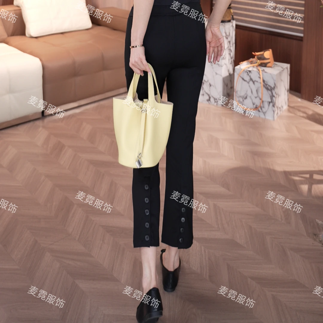 [麦霓严选]裤脚后开叉钮扣直筒休闲裤女高腰显瘦9140