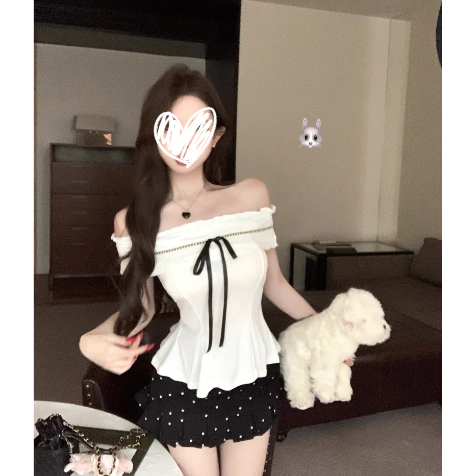 纯欲风白色一字肩短袖T恤女夏季设计感小众别致绝美收腰修身上衣