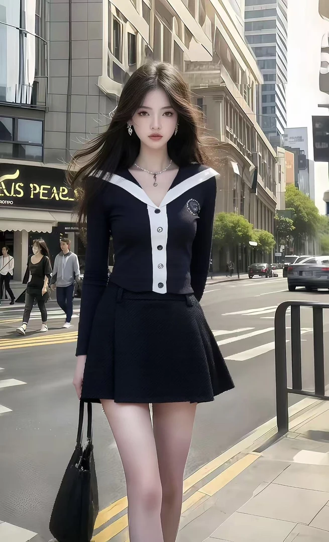 新款气质百搭温婉千金风撞色单排扣V领上衣+黑色百搭半身裙两件套