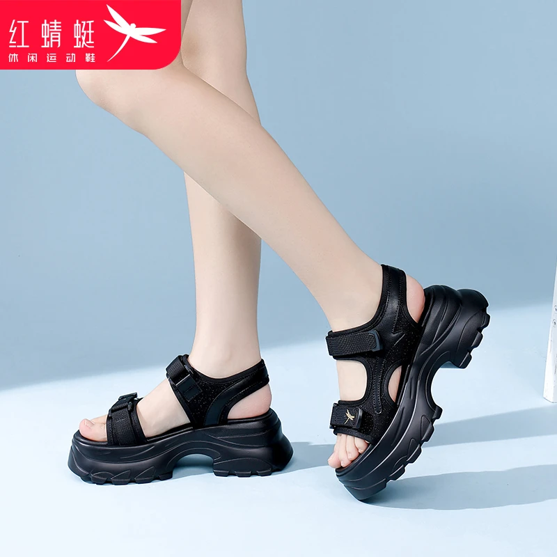 红蜻蜓女鞋厚底女士运动沙滩凉鞋女款2025新款夏天小个子显高黑色