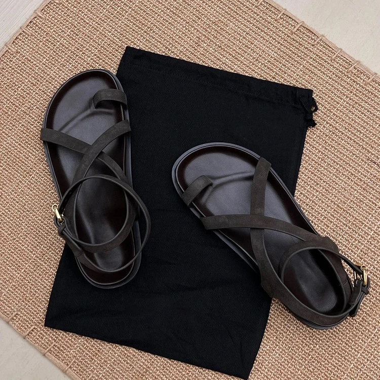 复古休闲红色显白套趾软底凉鞋新款度假真皮夹脚厚底交叉带罗马鞋