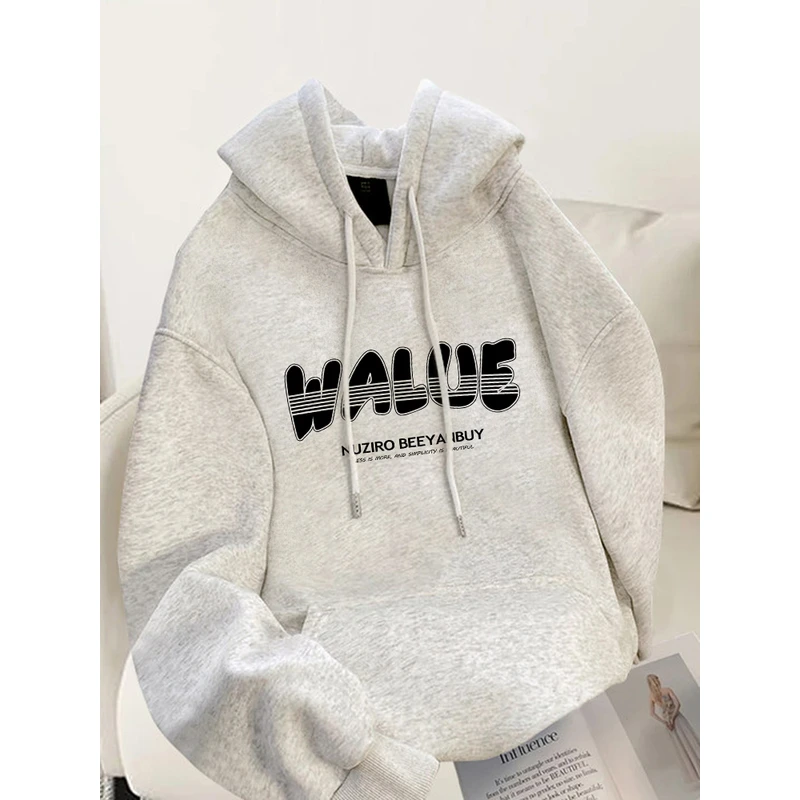 白灰色卫衣女秋冬2025新款爆款连帽宽松大码韩系休闲加绒加厚上衣