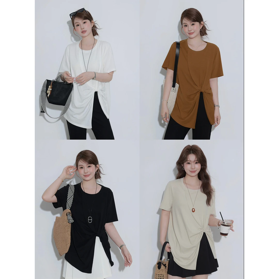 大婉酱微胖定制【雕刻家T恤】夏季不闷热扭结开衩纯色短袖上衣9318D