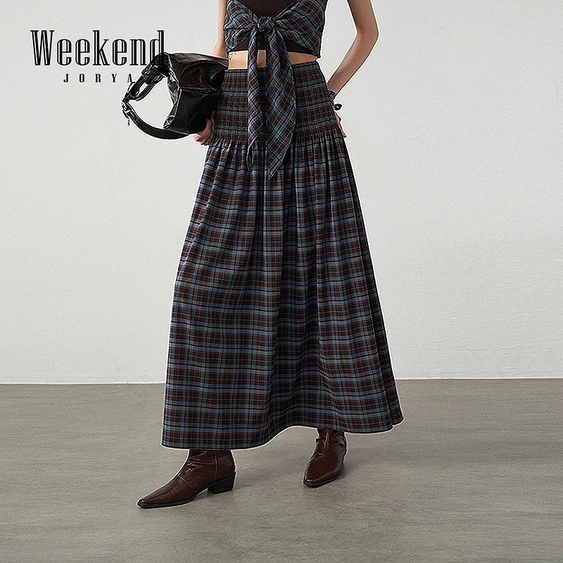 【商场同款】卓雅周末25夏新款复古宽边格纹高腰A字半身裙R220221C