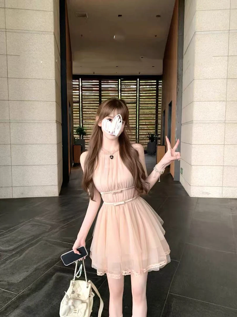 Sorbet微醺 裸粉色挂脖蝴蝶结不规则下摆连衣裙短裙