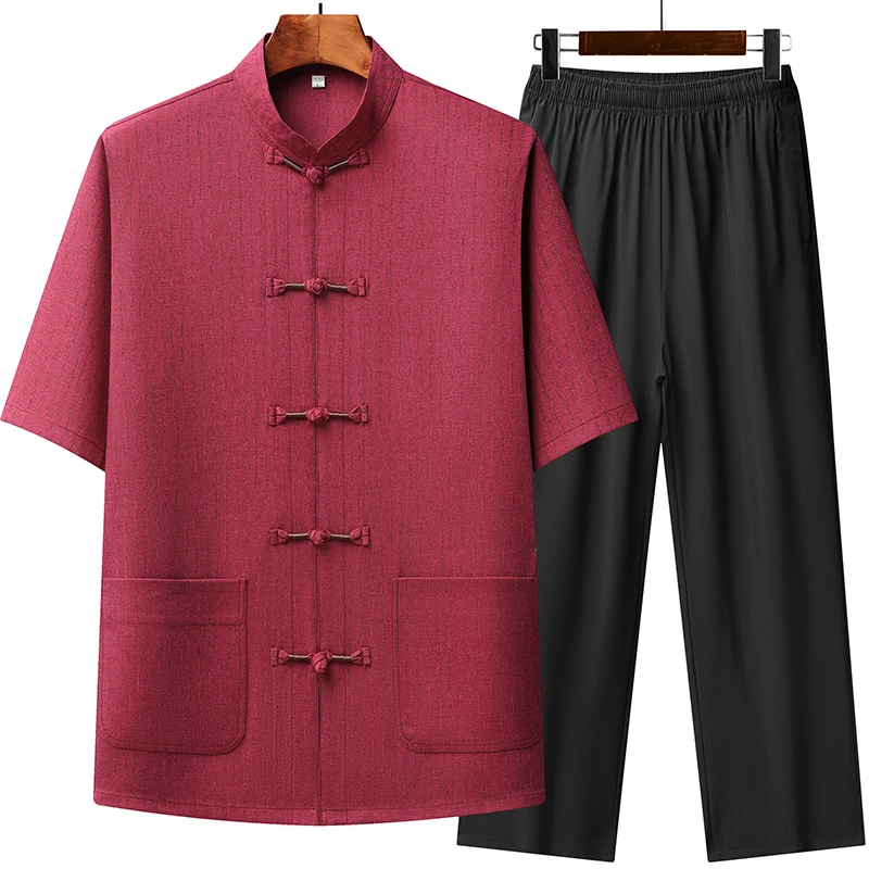 夏季新款中国风条纹套装中年男士爸爸半袖盘扣唐装衬衫冰丝两件套