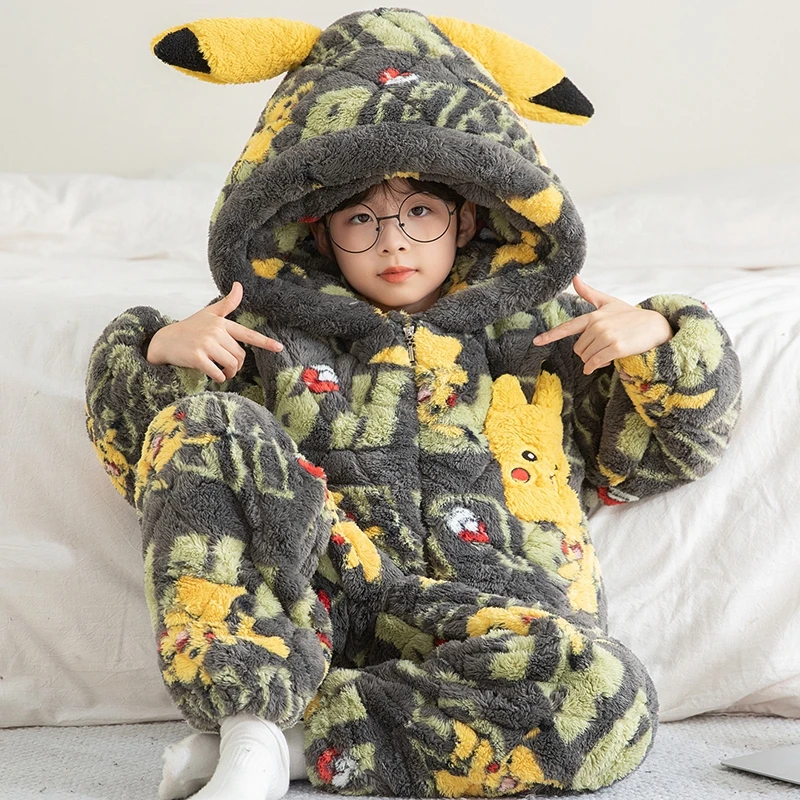 冬季三层夹棉儿童睡衣宝宝加绒加厚居家保暖锁温卡通中大童家居服