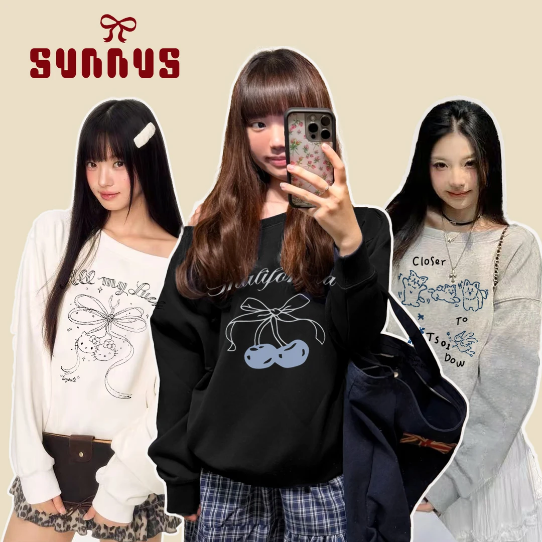 【秋冬201-300】长袖T恤女韩系百搭宽松卫衣斜肩学生上衣秋冬季新款