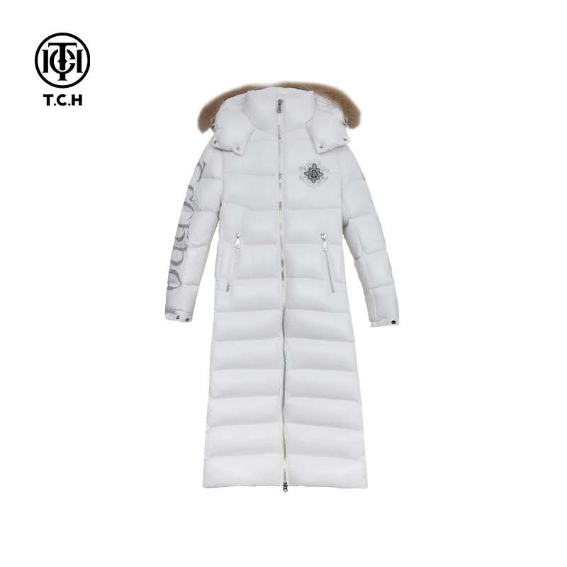 潮牌-TCH烫钻时尚简约大毛领过膝长款加厚白鸭绒羽绒服T72D198011