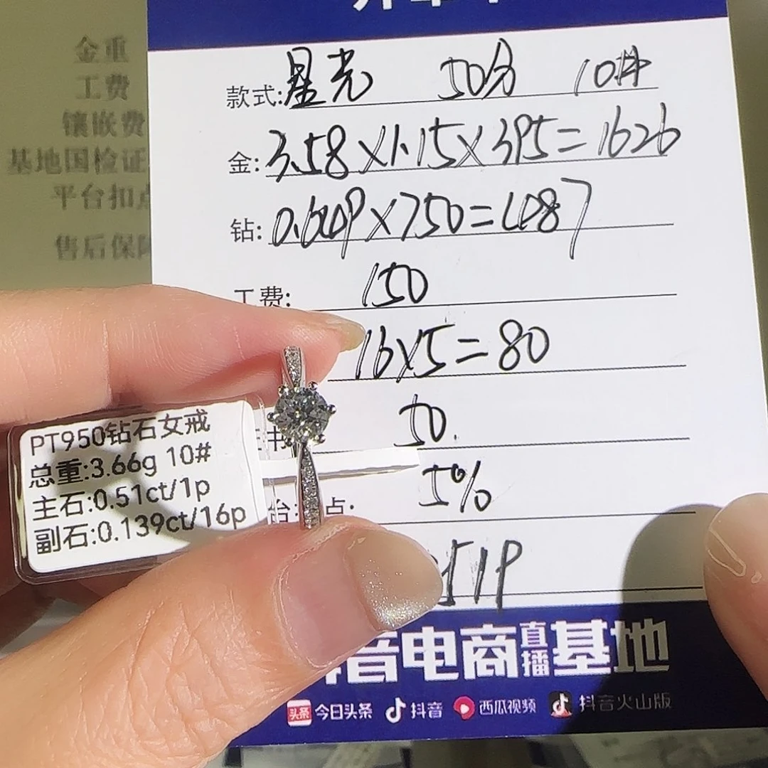 实验室培育钻石铂Pt950镶嵌星光50分10号