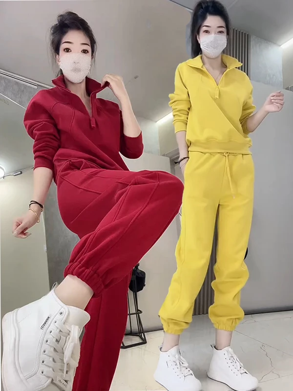 纯色运动套装秋冬加绒卫衣套装休闲洋气减龄秋冬时尚