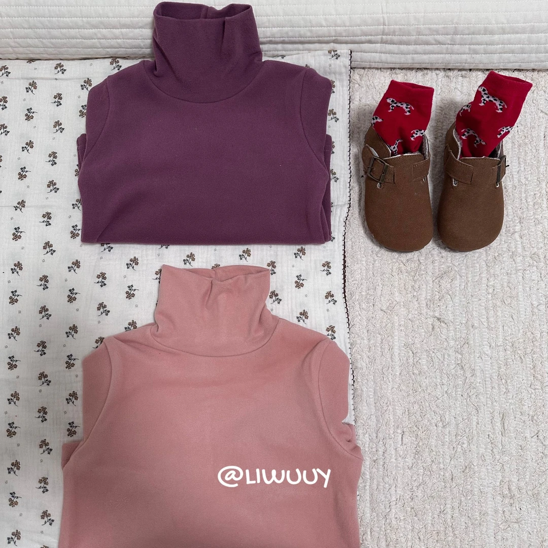 LIWUUY鲤坞男女童纯色高领舒适柔软基础长袖保暖加绒打底衫上衣