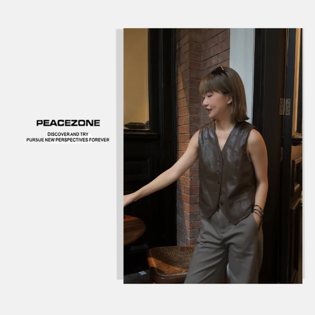 Peacezone 秋冬新款pu皮 小众穿搭设计感百搭复古马甲