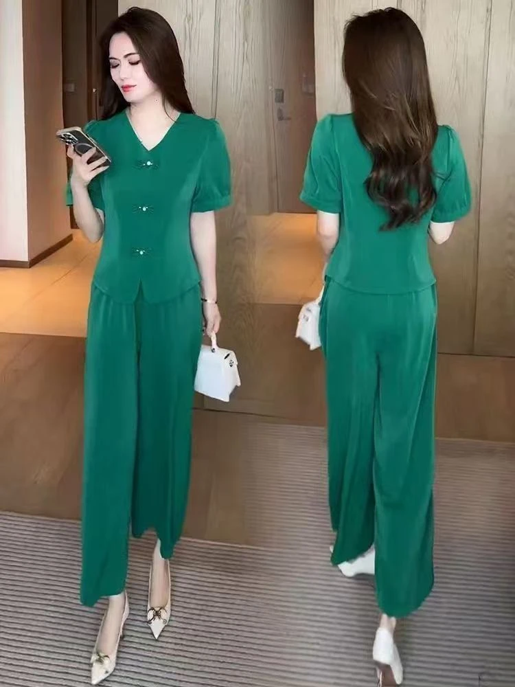 夏季新款时尚V领新中式盘扣显瘦纯色减龄气质套装两件套