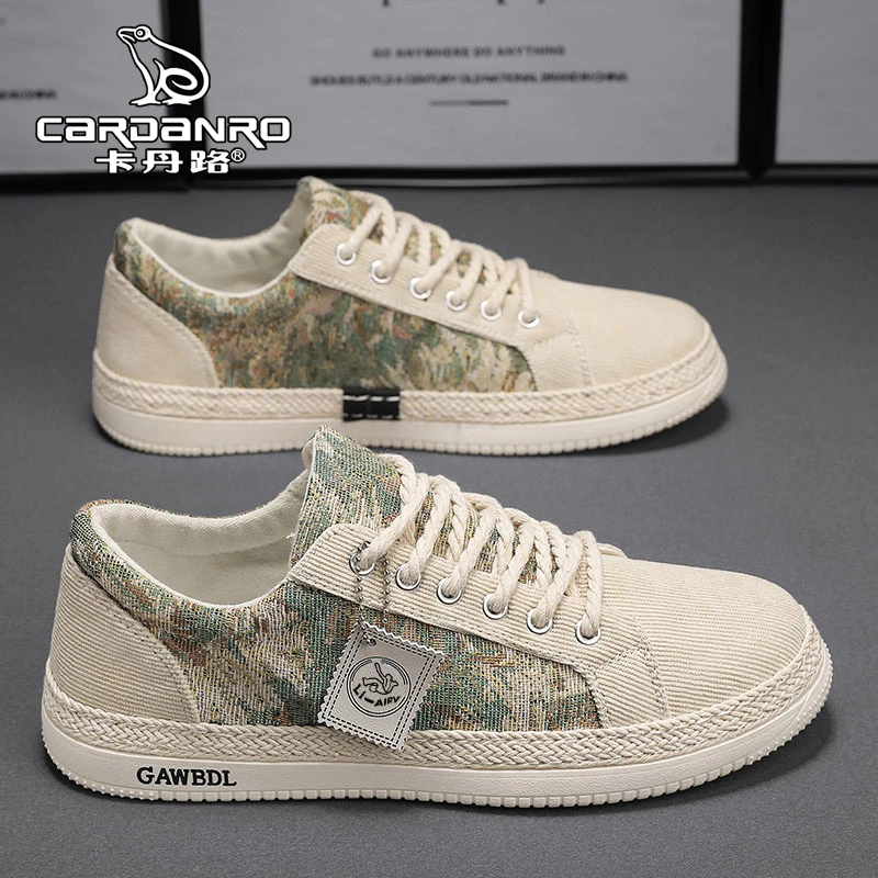 意大利卡丹路帆布鞋男夏季透气轻便软底运动板鞋潮牌百搭亚麻布鞋