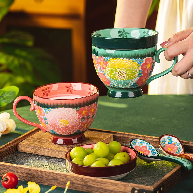 绿影早餐杯陶瓷杯子家用水杯办公室高颜值咖啡杯茶杯超好看的杯子